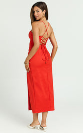 Alissa Midi Dress - Bustier Strappy Pleat Side Fitted Dress in Tangerine